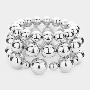 Silver Metal Ball Strand 3 pcs Stacked Stretch Bracelets Statement Accessory